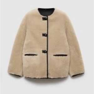 Womens Beige Faux Shearling Jacket with Black Trim